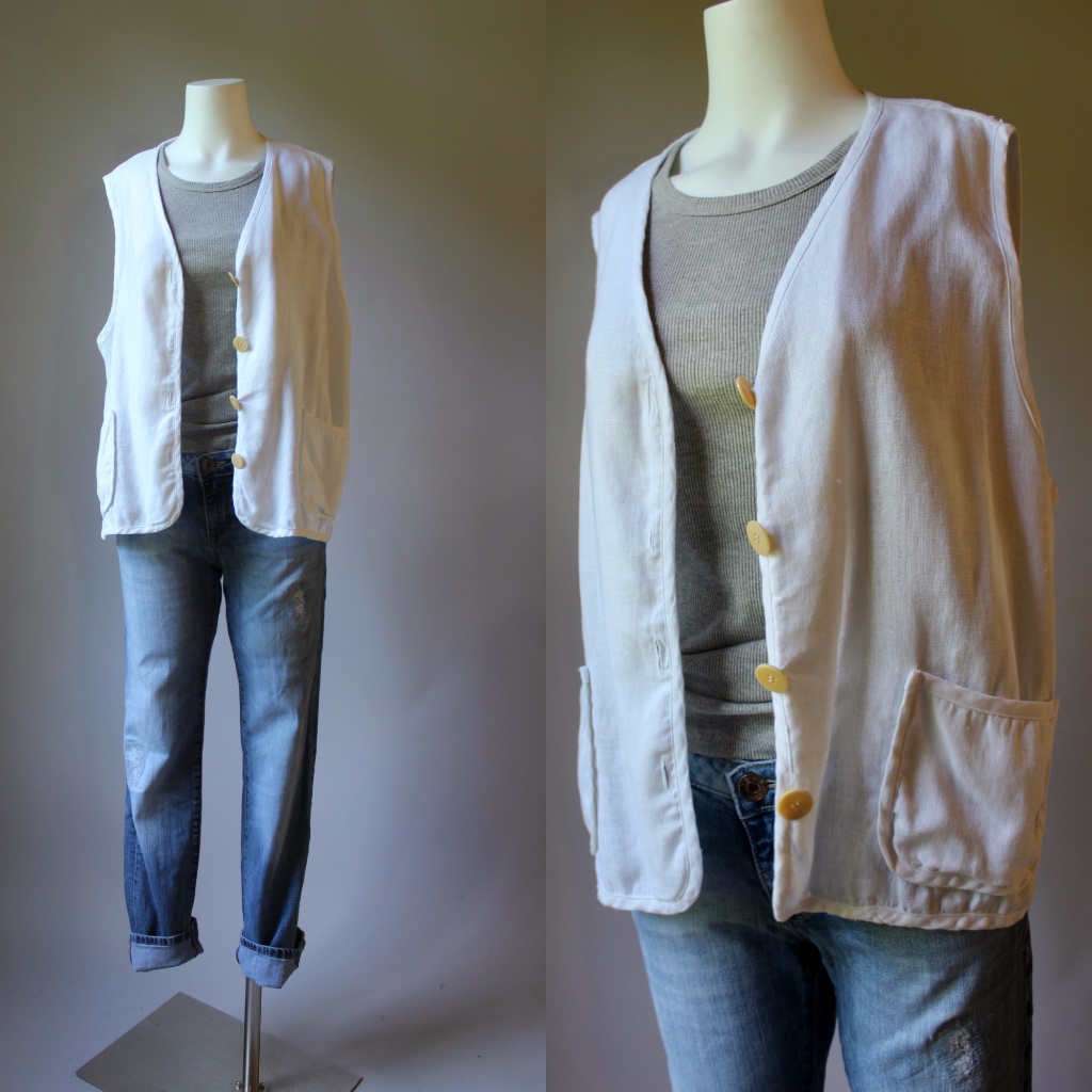 Vtg 90s White Linen Vest Jacket M